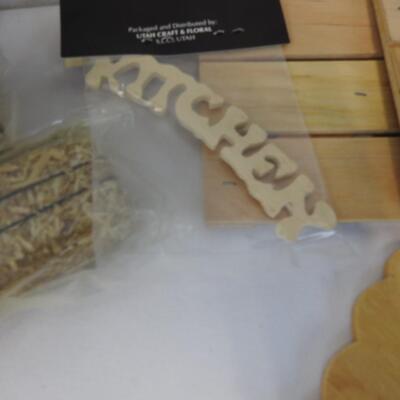 20+ pc Craft Lot: Wooden word and shape cut-outs, paper ribbon, fence, hooks etc