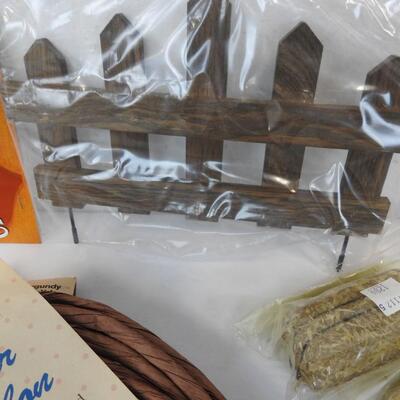 20+ pc Craft Lot: Wooden word and shape cut-outs, paper ribbon, fence, hooks etc