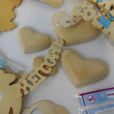 20+ pc Craft Lot: Wooden word and shape cut-outs, paper ribbon, fence, hooks etc
