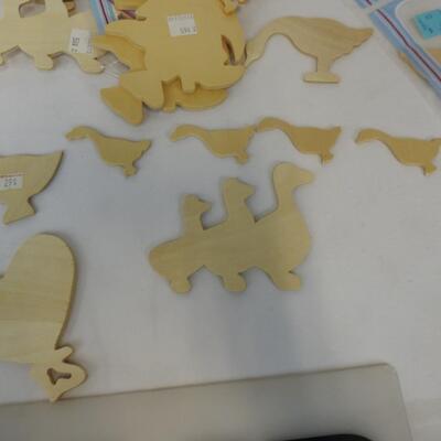 20+ pc Craft Lot: Wooden word and shape cut-outs, paper ribbon, fence, hooks etc