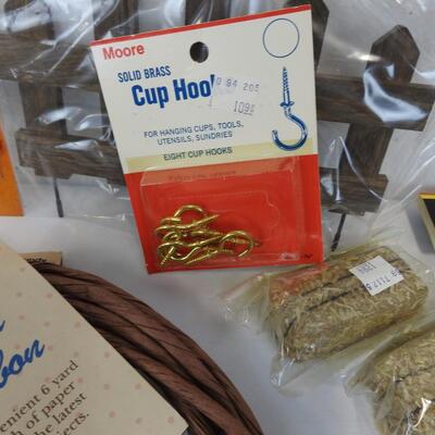 20+ pc Craft Lot: Wooden word and shape cut-outs, paper ribbon, fence, hooks etc