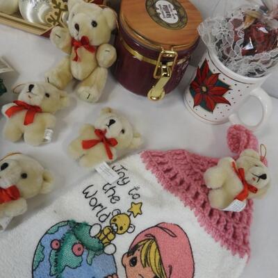 18 pc Christmas Lot: Precious Moments hot pads & towel, cups, teddy bears, etc