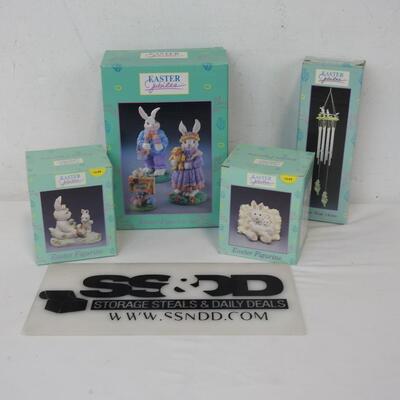 New Old Stock Easter Lot: 3 Figurines and 1 Wind Chime