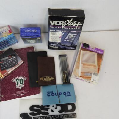 10 pc Office Lot: VCR programmer, Travel Mirror, Crystal Clock, Cassette Tapes