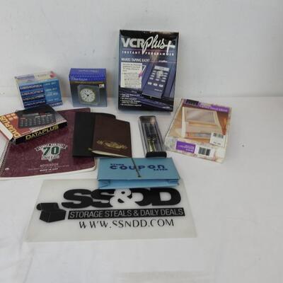 10 pc Office Lot: VCR programmer, Travel Mirror, Crystal Clock, Cassette Tapes