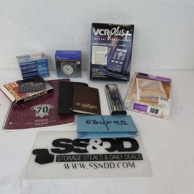 10 pc Office Lot: VCR programmer, Travel Mirror, Crystal Clock, Cassette Tapes