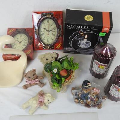 10 pc Home Decor, Bear Figurines, Candles, Clocks, Swan, Geometric Oil Candle