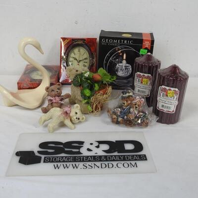 10 pc Home Decor, Bear Figurines, Candles, Clocks, Swan, Geometric Oil Candle