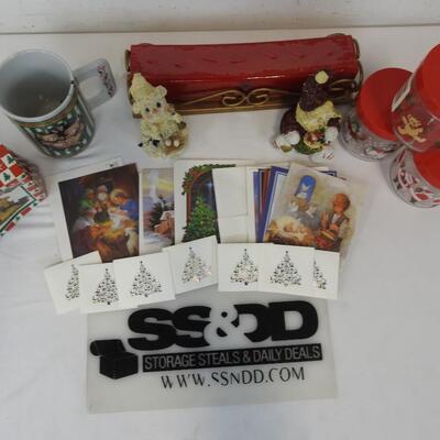 8+ Christmas Lot: Cup, Snowman & Bear Figurines, Candle & Holder, Cards, etc
