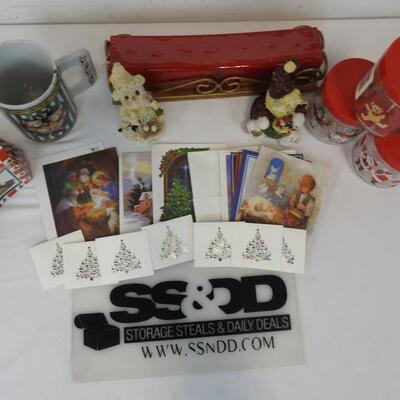8+ Christmas Lot: Cup, Snowman & Bear Figurines, Candle & Holder, Cards, etc