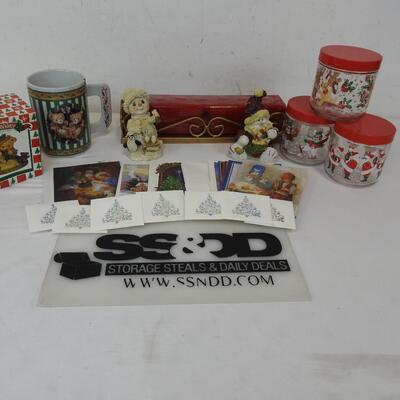 8+ Christmas Lot: Cup, Snowman & Bear Figurines, Candle & Holder, Cards, etc