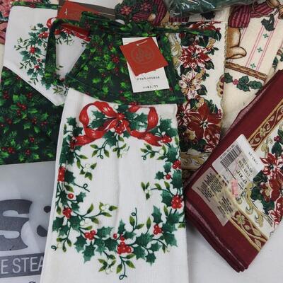 New Old Stock Christmas Lot: Pot Holders, Table Cloth, Kitchen Towels, etc