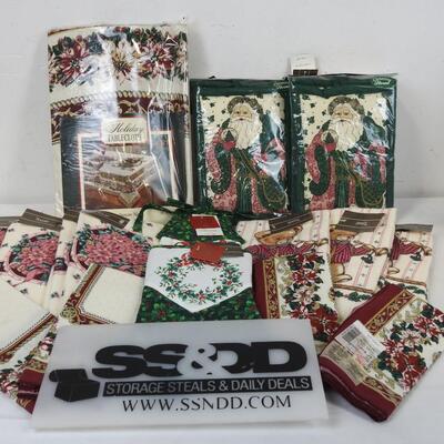New Old Stock Christmas Lot: Pot Holders, Table Cloth, Kitchen Towels, etc