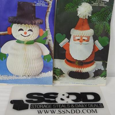 2 Vintage Honeycomb Christmas Paper Decor; Santa and Snowman