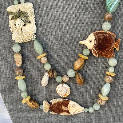 ASIAN SCRIMSHAW CARVED BONE & JADE BIB STATEMENT NECKLACE