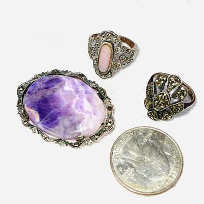 GROUP OF 3 ANTIQUE  MARCASITE & STERLING SILVER RINGS &BROOCH W/AMETHYST