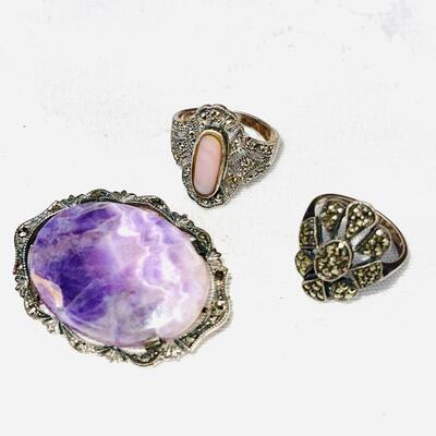 GROUP OF 3 ANTIQUE  MARCASITE & STERLING SILVER RINGS &BROOCH W/AMETHYST