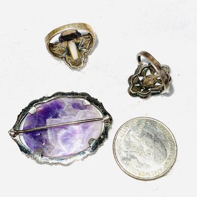 GROUP OF 3 ANTIQUE  MARCASITE & STERLING SILVER RINGS &BROOCH W/AMETHYST