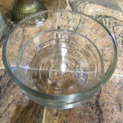 LOT 45  GLASS BAKING AND STORAGE DISHES, METAL PEDESTAL BOWL WITH FRUIT