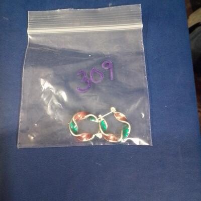 Sterling Hoop Earrings w/ green and red toning