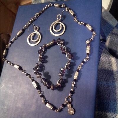 Purple & Silver Necklace & Bracelet Lot w/ Earrings