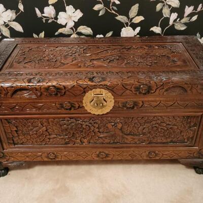 wooden engraved blanket chest, at least 24" wide