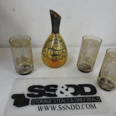 Glass Decanter and 3 Glasses with Unique Designs