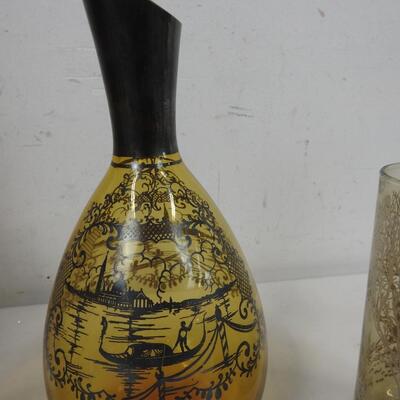 Glass Decanter and 3 Glasses with Unique Designs