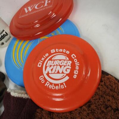 9 pc Pet Lot: Hanging water bottle for dogs.  Frisbees, blanket, sweater, toys