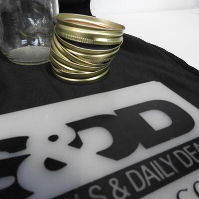 Canning jars: 7 12oz jars, 4 pint jars, 1 6oz jelly jar, 4 rings & flats, labels