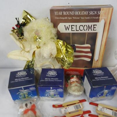 Holiday Sign Set, 4 Precious Moments Collection Ornaments, 2 Angel, Bears, Sleds