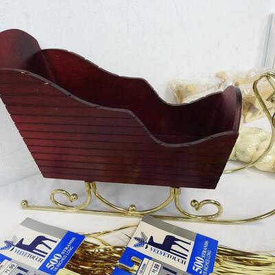 25 pc Holiday Decor & Craft Lot: Sleighs, French Horns, Greeting Cards, Tinsel