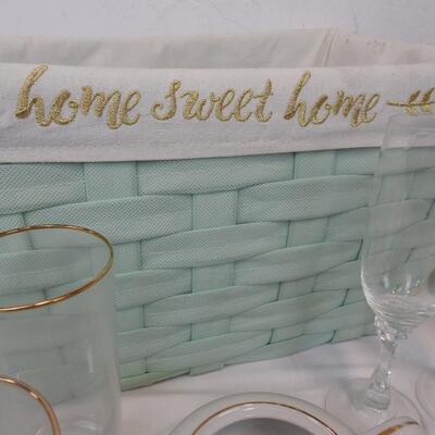 14 pc Home & Kitchen in Aqua Basket, Dutch Oven (no lid) Vases, Glasses, Platter