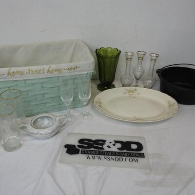 14 pc Home & Kitchen in Aqua Basket, Dutch Oven (no lid) Vases, Glasses, Platter