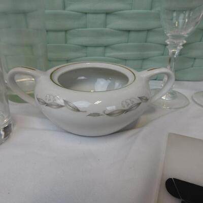 14 pc Home & Kitchen in Aqua Basket, Dutch Oven (no lid) Vases, Glasses, Platter