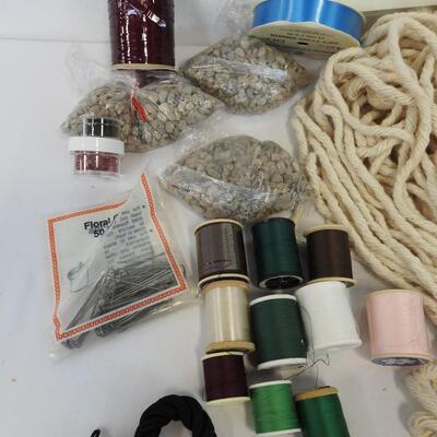 11+ Craft Lot: Macrame Rope, Lace, Thread, Beads, Tassels, Rocks, Ribbon, Floral