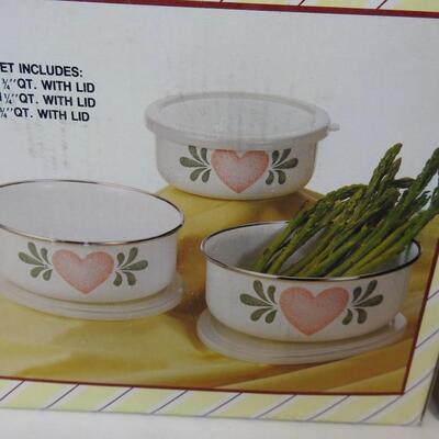 Set of 3 Storage Bowls (white with pink hearts) & 4 pc Soup Tureen Set (white)