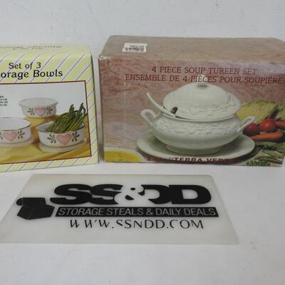 Set of 3 Storage Bowls (white with pink hearts) & 4 pc Soup Tureen Set (white)