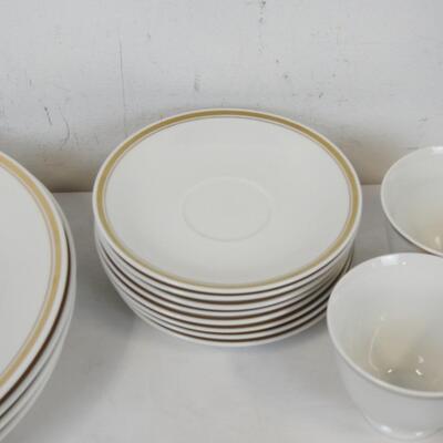 Set of China Dishes, Gold Trim, Salt and Pepper Shakers, Mugs and Saucers