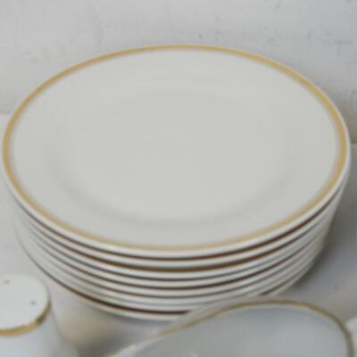 Set of China Dishes, Gold Trim, Salt and Pepper Shakers, Mugs and Saucers