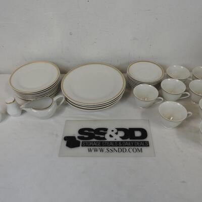 Set of China Dishes, Gold Trim, Salt and Pepper Shakers, Mugs and Saucers