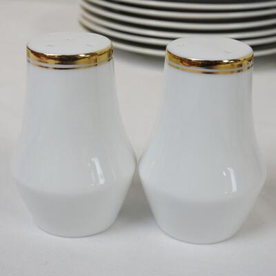 Set of China Dishes, Gold Trim, Salt and Pepper Shakers, Mugs and Saucers