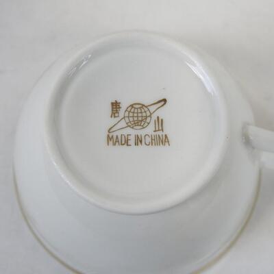 Set of China Dishes, Gold Trim, Salt and Pepper Shakers, Mugs and Saucers
