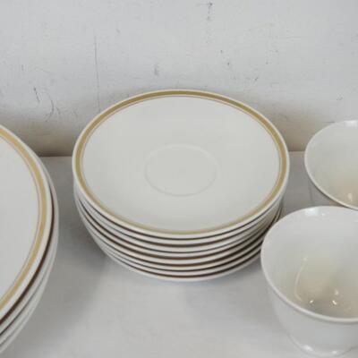 Set of China Dishes, Gold Trim, Salt and Pepper Shakers, Mugs and Saucers