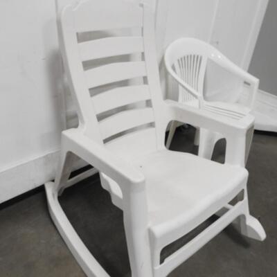 2 White Plastic Chairs, One Rocking Chair