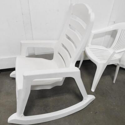 2 White Plastic Chairs, One Rocking Chair