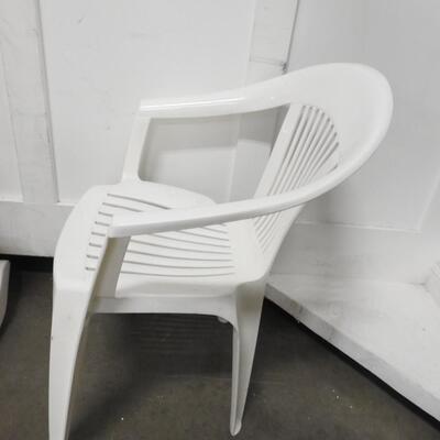 2 White Plastic Chairs, One Rocking Chair