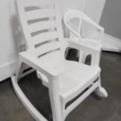 2 White Plastic Chairs, One Rocking Chair