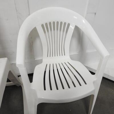 2 White Plastic Chairs, One Rocking Chair