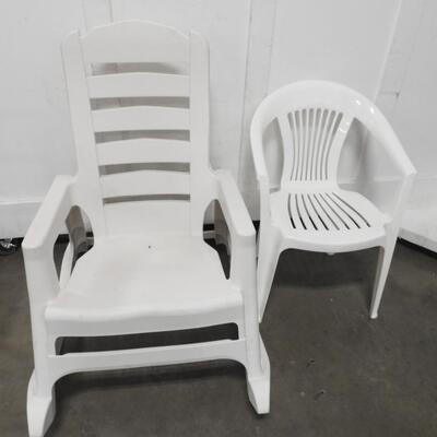 2 White Plastic Chairs, One Rocking Chair